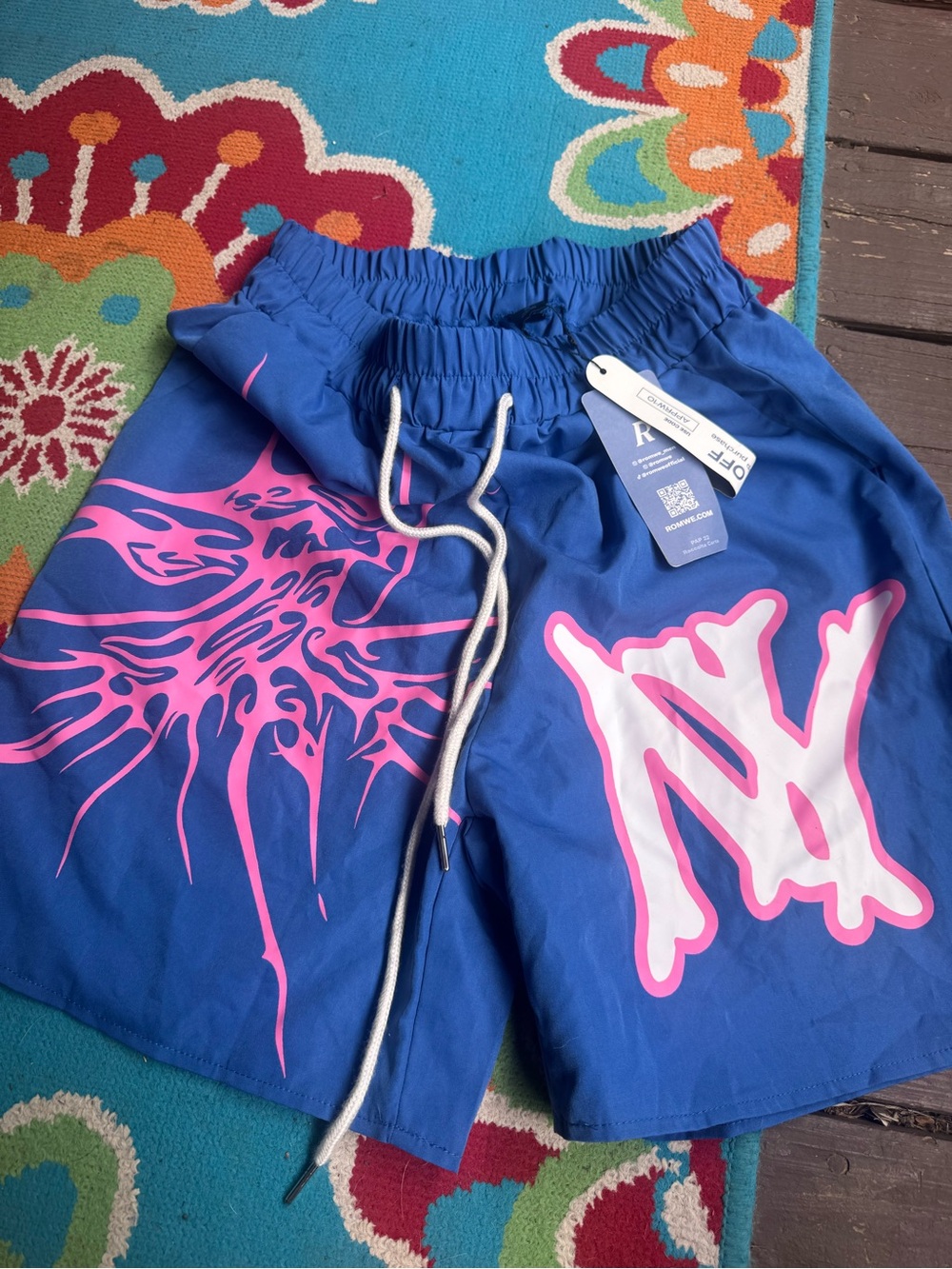 ROMWE Blue Athletic Shorts with Pink & White Graphics